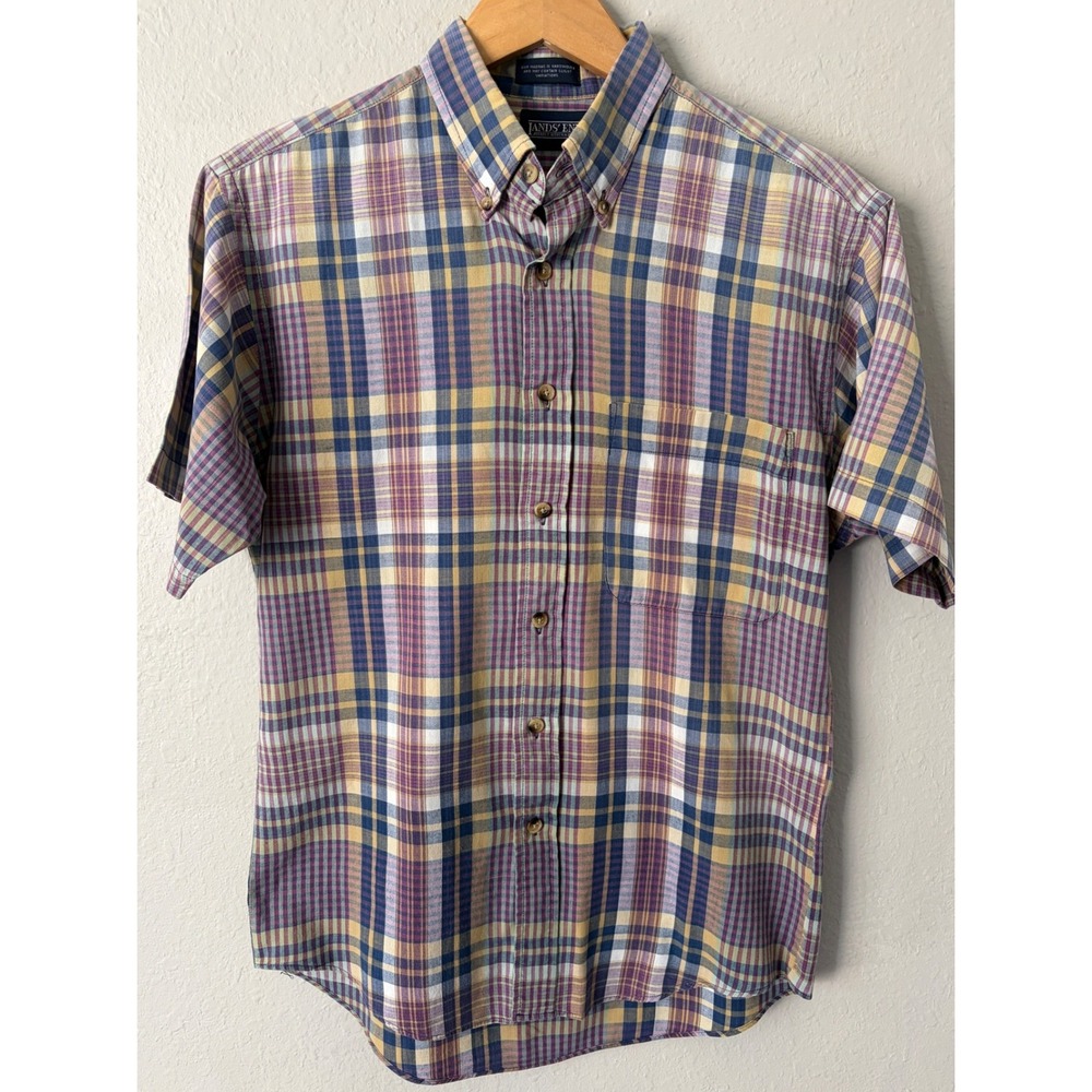 Lands' End Mens Madras Plaid Short Sleeve Shirt Size M Vintage 90s Button Down